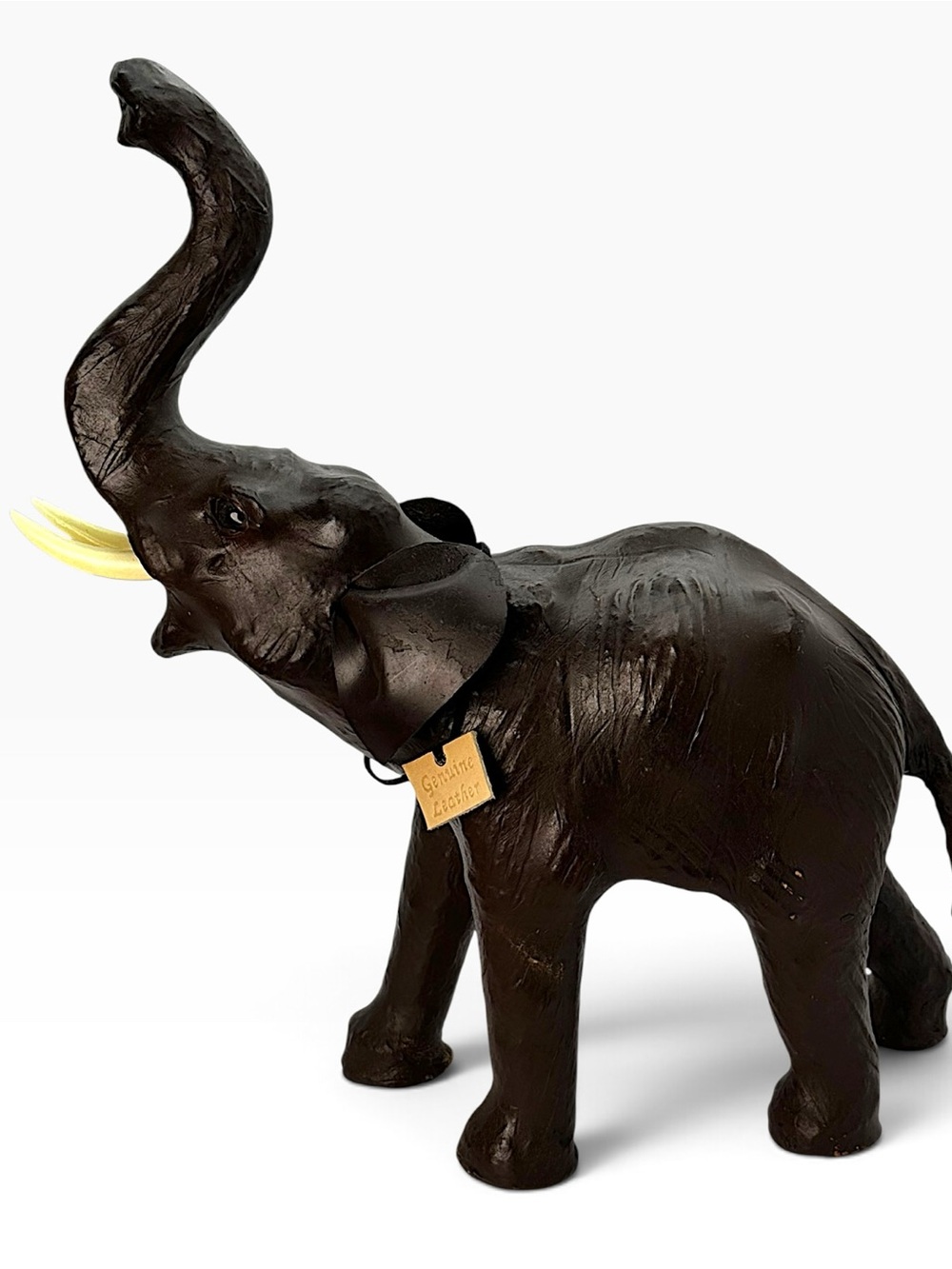 Vintage 14" Leather Wrapped Large Elephant Figurine Trunk Up Good Luck Tagged
